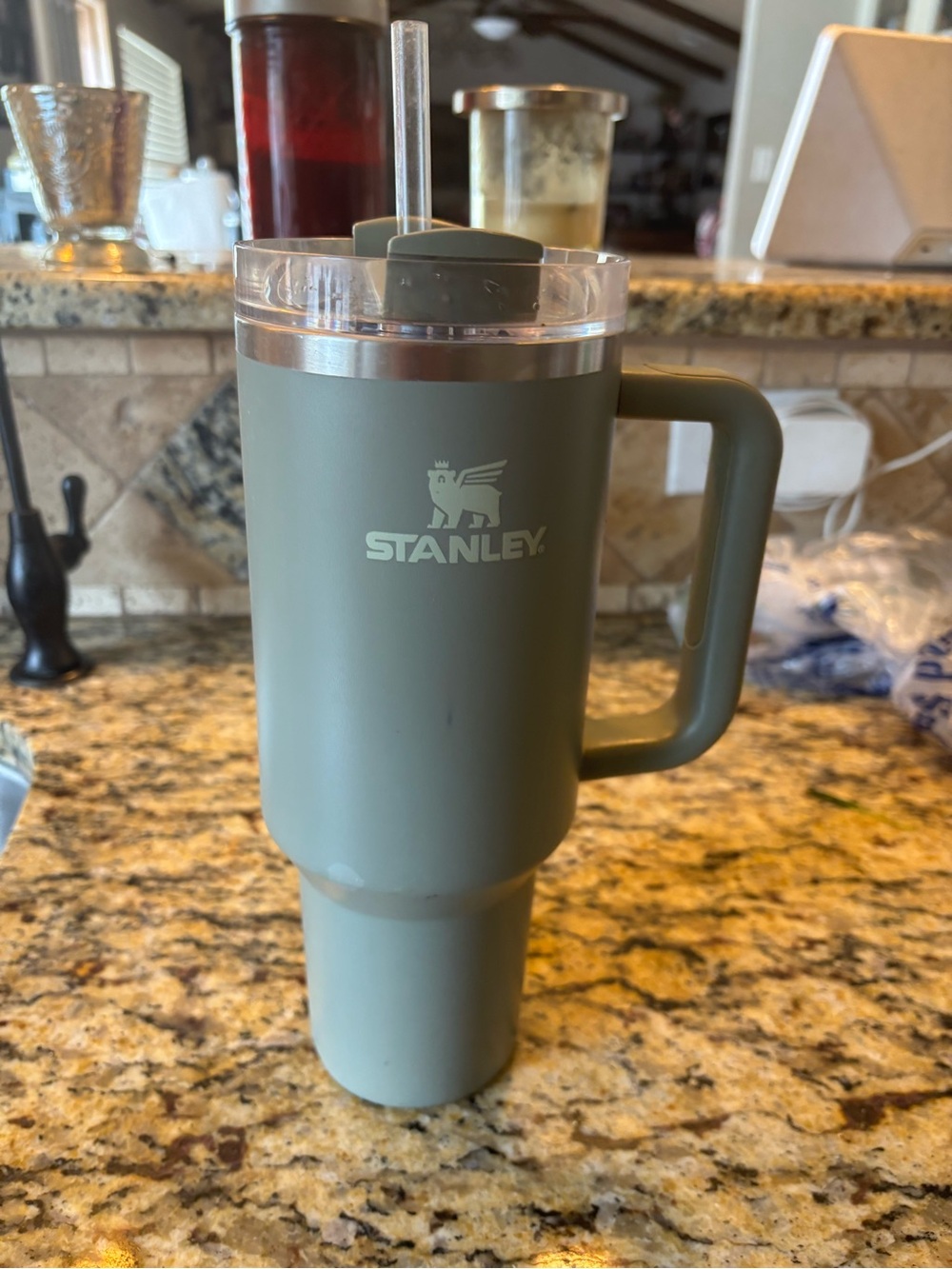 Stanley Matte Olive Green Insulated Travel Mug with Handle and Straw